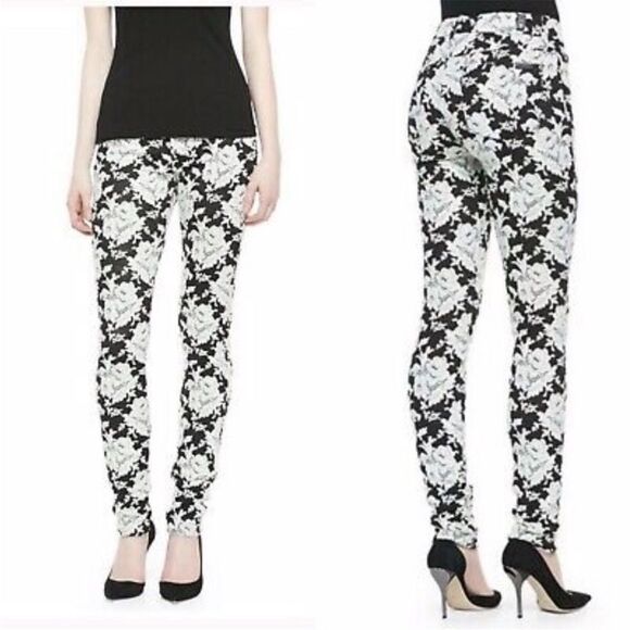 7 For All Mankind Black and White Embroidered Floral Skinny Pants, Size 26 - Picture 12 of 12